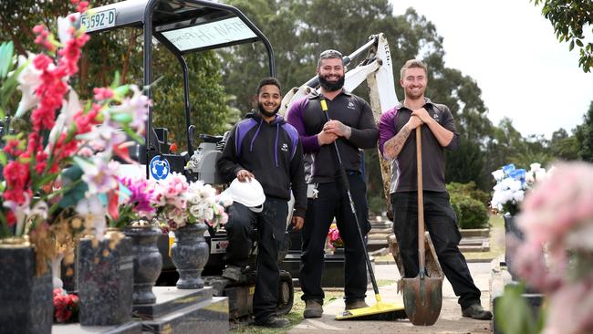 Rookwood grave diggers Andrew Jasmin, of The Ponds, Aziz Nanouh, of Hurstville, and Cory Brown, of Revesby. Picture: AAP/Justin Sanson