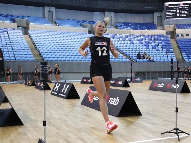 Montana McKinnon completes the sprint test during the 2019 AFLW Draft Combine at Margaret Court Arena on October 2, 2019 in Melbourne. Picture: DYLAN BURNS/AFL PHOTOS VIA GETTY IMAGES