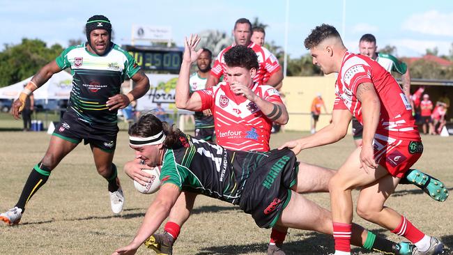 RLGC Round 3 match from Robert Dalley Park. Helensvale Hornets vs. Currumbin Eagles. Ben Kay scoring a try. 23 May 2021 Helensvale Picture by Richard Gosling