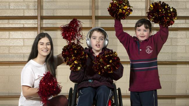 Alana Giaccio with students Joshua, 9, and Charlie, 5 from Evanston Gardens in The Heights School Gym, Modbury Heights, S.A. Alana has opened SA's only cheer and dance studio. Photographer Emma Brasier.