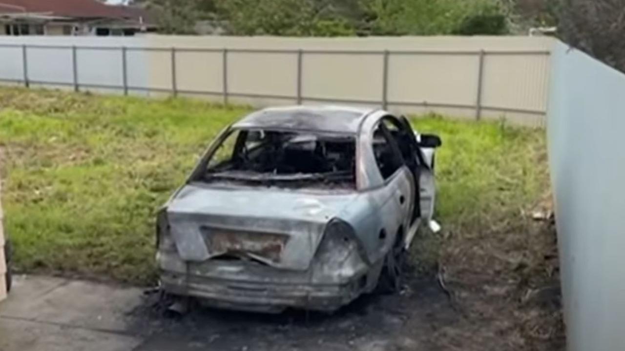 The car torched at Mount Gambier in what police say was a targeted attack on a Covid-19-infected mum who had visited Victoria. Picture 7NEWS