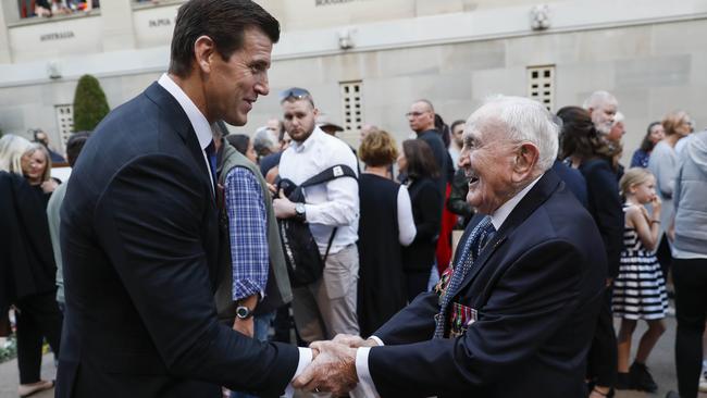 Ben Roberts-Smith greets veteran Gordon Richardson, 96. Picture: Sean Davey