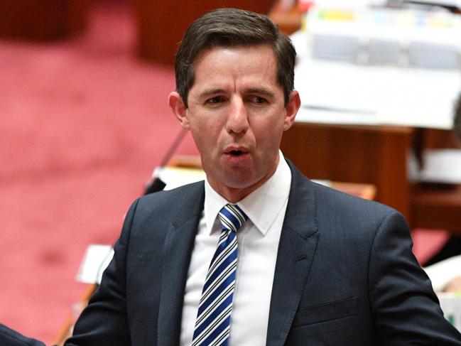 Minister for Education and Training Simon Birmingham during Question Time in the Senate chamber at Parliament House in Canberra, Tuesday, December 5, 2017. (AAP Image/Mick Tsikas) NO ARCHIVING