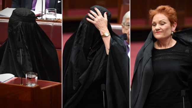 Pauline Hanson wearing a burqa in the Senate. Picture: Gary Ramage