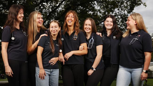 L-R Holly Sluijter, Maggie Roberts, Ellie Thunder, Jess Dobbie, Jasmine Downham, Claudia Gaffney, Molly Browning. UTAS Bachelor of Nursing students who are heading off to Nepal to do health care work. Picture: Nikki Davis-Jones