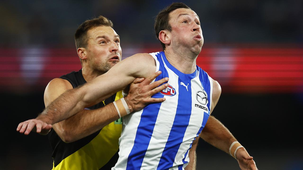 Todd Goldstein will continue taking on the AFL’s best ruckmen next year. Picture: Getty Images