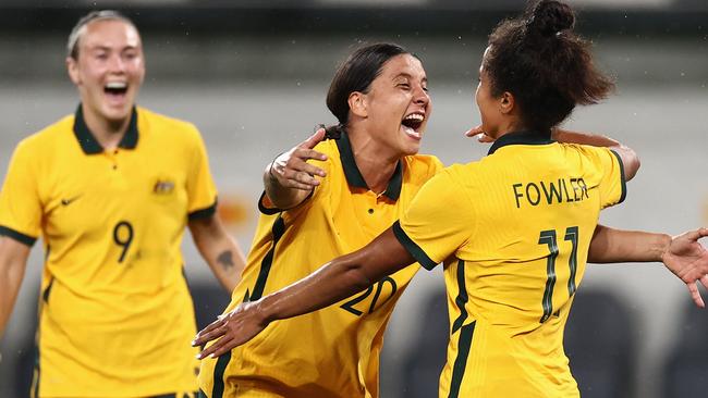 Mary Fowler of the Matildas celebrates scoring a goal with Sam Kerr