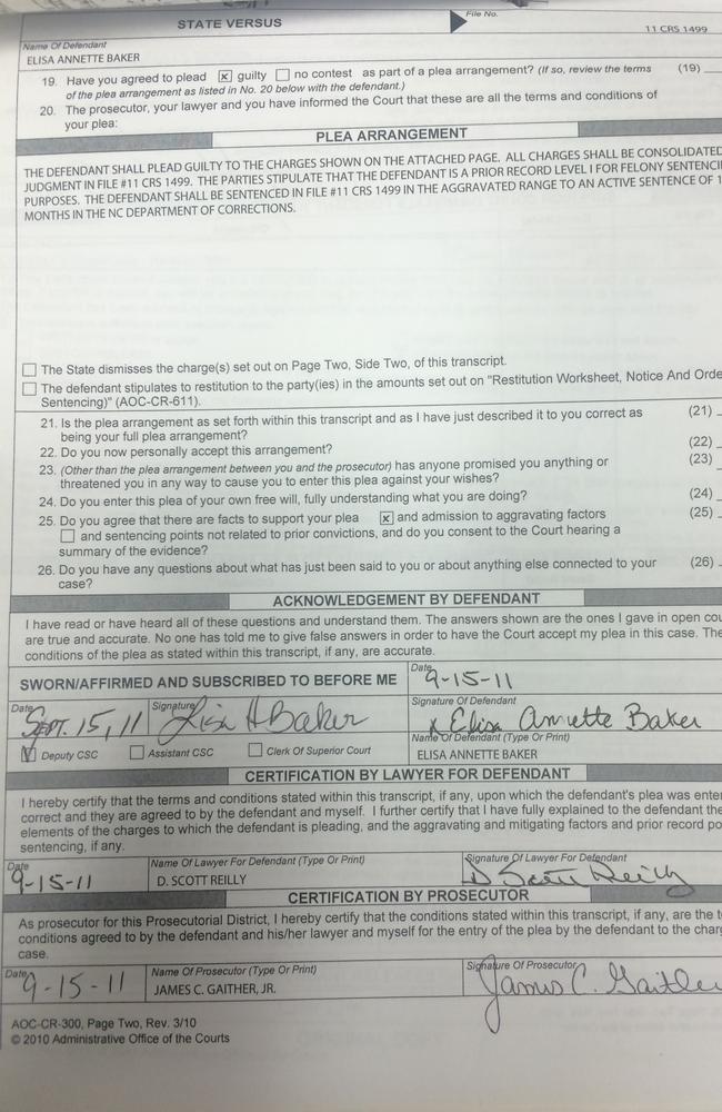 Plea agreement signed by Elisa Baker regarding the murder and dismembered of her 10-year-old Australian stepdaughter Zahra Baker in North Carolina, USA, in 2010.