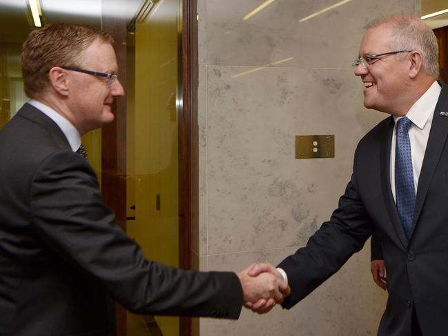 Reserve Bank Governor Philip Lowe with Prime Minister Scott Morrison. Picture: AFP