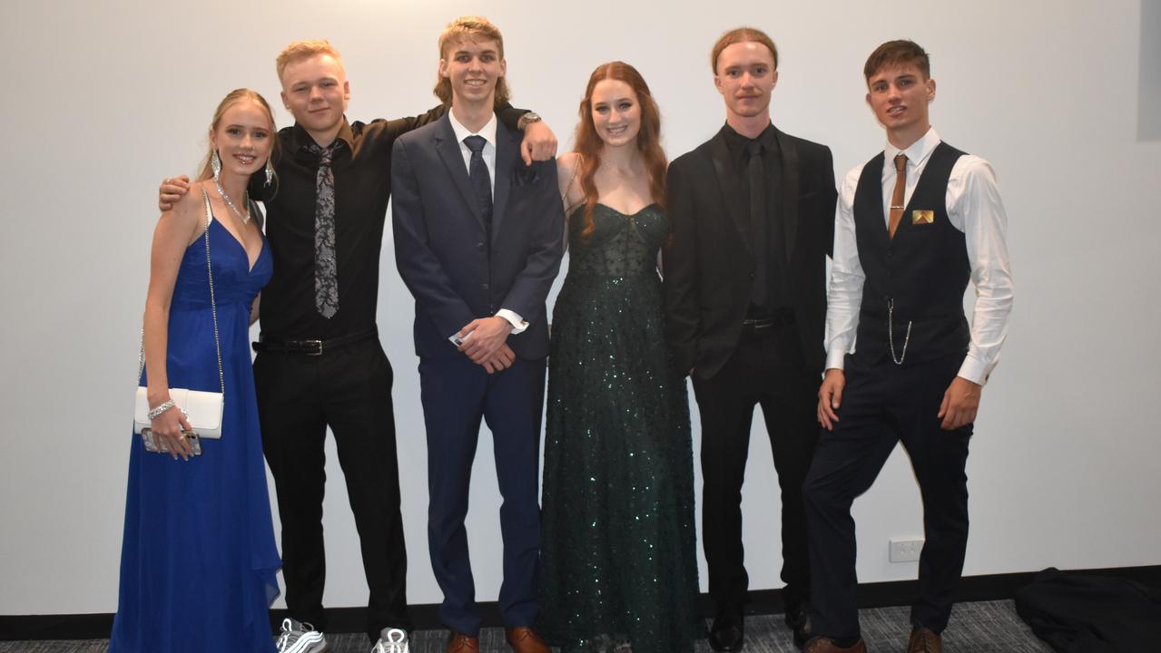 Tehlea Grant, Luka Skol, Caleb Bain, Caitlyn Ryan, Hayden Boyd and Luke Smith at the 2022 Nambour State College formal. Picture: Eddie Franklin