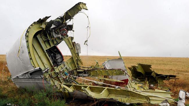 Part of the Malaysia Airlines Flight MH17 at the crash site. Picture: AFP