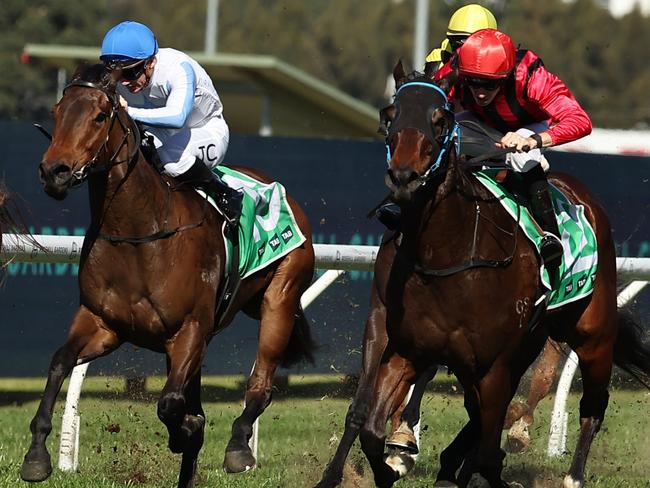 SYDNEY, AUSTRALIA - AUGUST 03: Jason Collett riding Lonhro's Queen wins Race 4 TAB Highway Handicap during Sydney Racing at Rosehill Gardens on August 03, 2024 in Sydney, Australia. (Photo by Jeremy Ng/Getty Images)