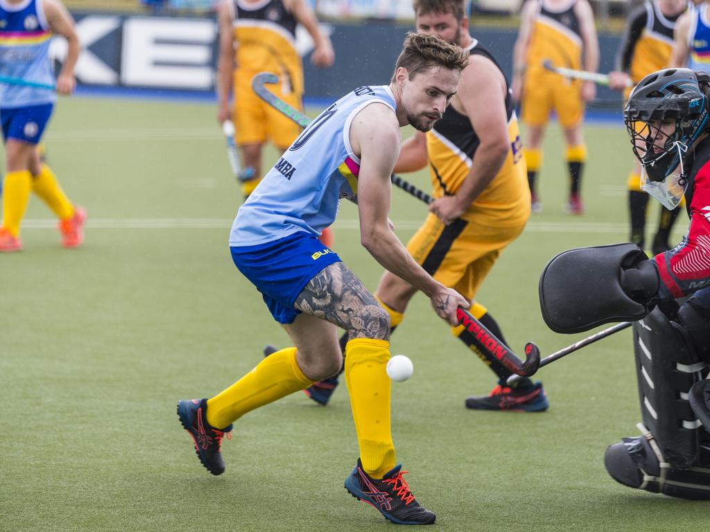Brad Hobday (left) of Toowoomba 1 against Sunshine Coast in Hockey Queensland Championships at Clyde Park, Sunday, May 2, 2021. Picture: Kevin Farmer
