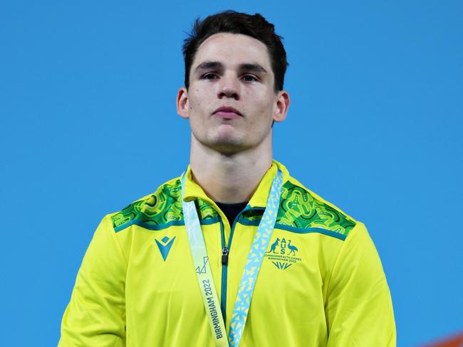 BIRMINGHAM, ENGLAND - AUGUST 01: Silver medalist Kyle Bruce of Team Australia looks on during the medal ceremony for Men's 81kg Final on day four of the Birmingham 2022 Commonwealth Games at NEC Arena on August 01, 2022 on the Birmingham, England. (Photo by Al Bello/Getty Images)