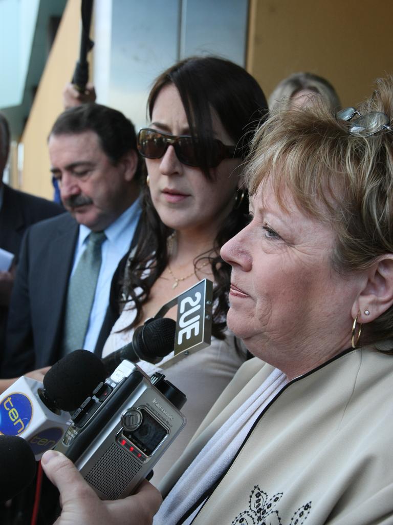 Rachelle Childs’ father Graham, sister Kristy and mother Anne at Glebe Coroner’s court. Picture: Troy Bendeich