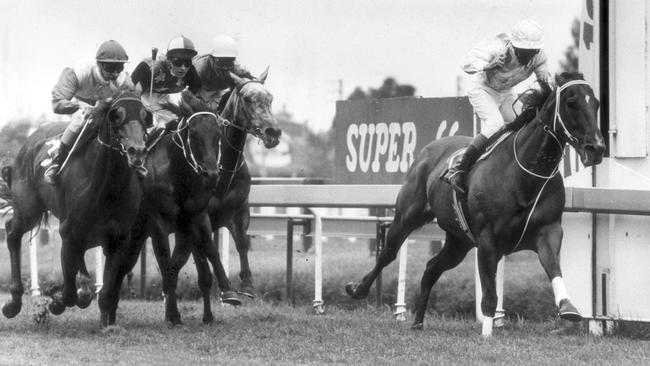 Manikato, with Gary Willetts on board, wins the Futurity Stakes at Caulfield.