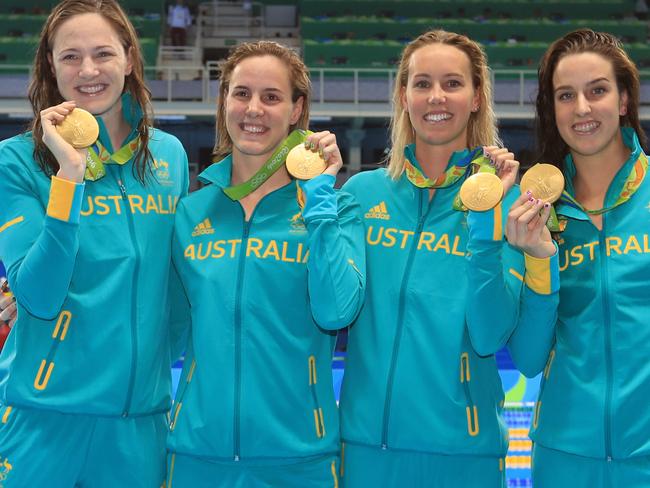 Rio Olympics 2016. The finals of the swimming on day 01, at the Olympic Aquatic Centre in Rio de Janeiro, Brazil. Cate Campbell, Bronte Campbell, Brittany Elmslie and Emma McKeon win Gold In the final of the WomenÕs 4x100m Freestyle Relay. Picture: Alex Coppel.