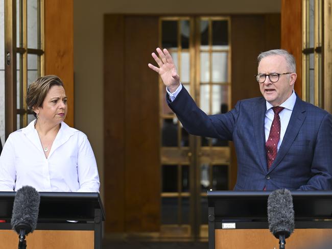 Prime Minister Anthony Albanese and Australia's Communications Minister, Michelle Rowland hold a press conference at Parliament House in Canberra on Friday. Picture: NewsWire/Martin Ollman