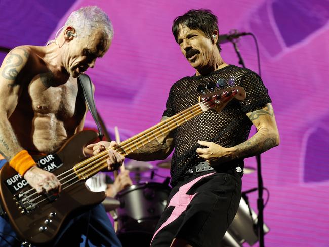 Red Hot Chili Peppers Anthony Kiedis on stage for their first concert at Accor Stadium at Sydney Olympic Park. Picture: Jonathan Ng