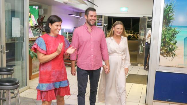 The ALP retained the seat of Fannie Bay after Brent Potter won the by-election. Mr Potter celebrated the victory with current chief minister Natasha Fyles and wife Alexandra. Picture: Glenn Campbell