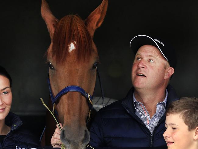 MELBOURNE, AUSTRALIA - NOVEMBER 06: Trainer Danny O'Brien with wife Nina and kids Grace and Thomas pose with Vow And Declare during the Melbourne Cup Winning media opportunity at Danny O'Brien Racing's Stables on November 06, 2019 in Melbourne, Australia. (Photo by Mark Evans/Getty Images)