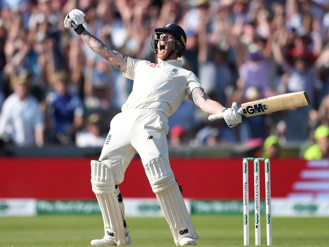 LEEDS, ENGLAND - AUGUST 25: Ben Stokes of England celebrates hitting the winning runs to win the 3rd Specsavers Ashes Test match between England and Australia at Headingley on August 25, 2019 in Leeds, England. (Photo by Gareth Copley/Getty Images) *** BESTPIX ***