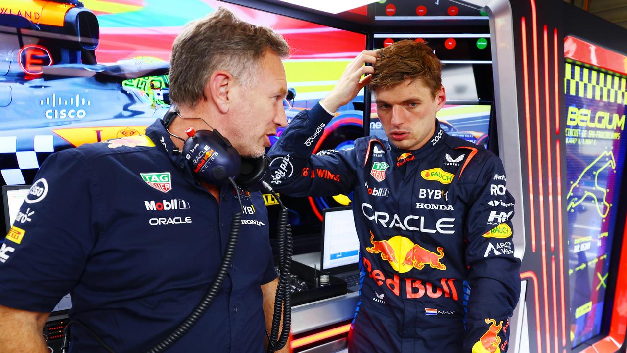 SPA, BELGIUM - JULY 26: Oracle Red Bull Racing Team Principal Christian Horner talks with Max Verstappen of the Netherlands and Oracle Red Bull Racing in the garage during practice ahead of the F1 Grand Prix of Belgium at Circuit de Spa-Francorchamps on July 26, 2024 in Spa, Belgium. (Photo by Mark Thompson/Getty Images)