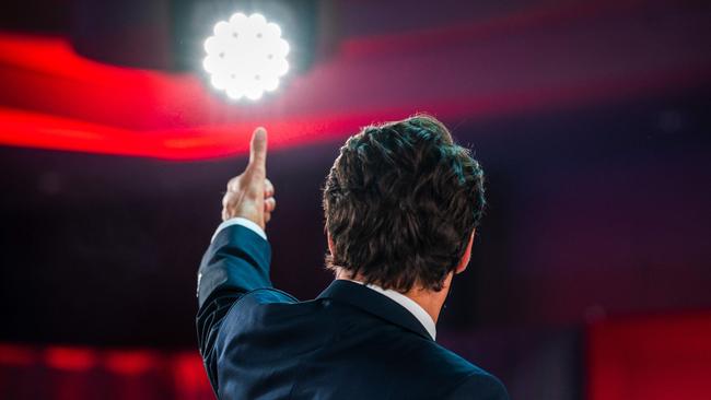 Canadian Prime Minister Justin Trudeau gives a thumbs up as he arrives to deliver his victory speech. Picture: AFP