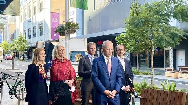 Waverley Mayor Paula Masselos (second from left) and Dave Sharma (right) pictured during a press conference earlier this month. Picture: Bianca Healey