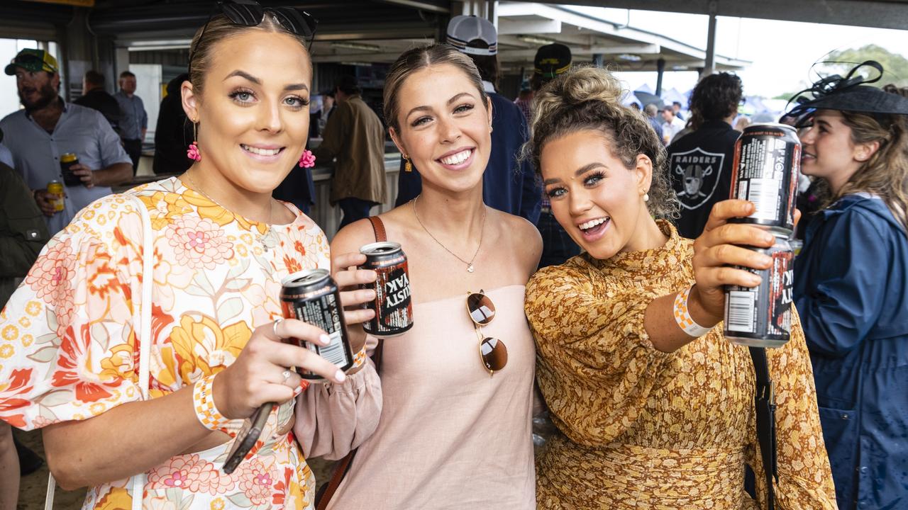 At the Clifton Jockey Club Clifton Cup races are (from left) Felicity Stevenson, Bridget Glasby and Sophie Bourne, Saturday, October 22, 2022. Picture: Kevin Farmer