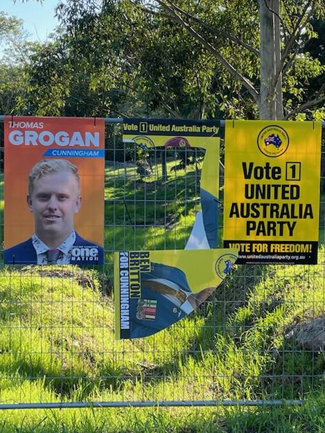 UAP Cunningham candidate Benjamin Britton’s face cut out of a sign in Cordeaux Heights. Picture: Supplied