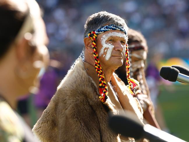 PERTH, AUSTRALIA - FEBRUARY 15: Welcome to Country is performed during the 2025 Toyota AFL Indigenous All Stars match between the Indigenous All Stars and the Fremantle Dockers at Optus Stadium on February 15, 2025 in Perth, Australia. (Photo by Michael Willson/AFL Photos via Getty Images)
