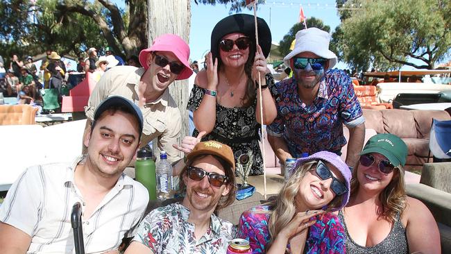 Luke, Jade, Seth, Shae, Gemma, Tom and Adam. Revelers enjoyed 30 degree-plus weather for the Golden Plains Festival near Meredith on Saturday. Picture: Alan Barber