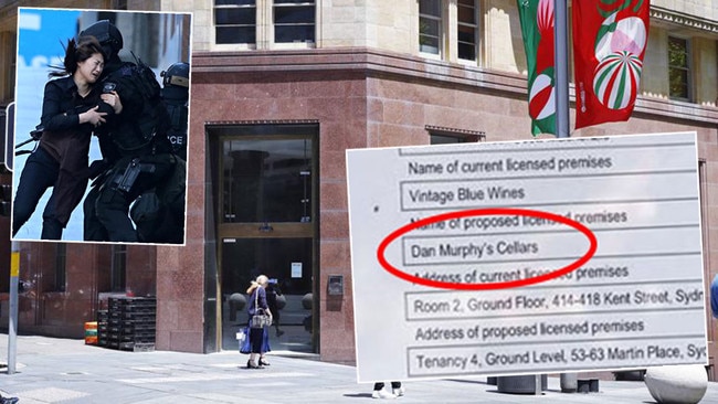 The former Lindt cafe on Friday (main picture), a hostage flees into the arms of police on the night of the siege (inset) and the application from Dan Murphy's (bottom right). Pictures: News Corp/Supplied