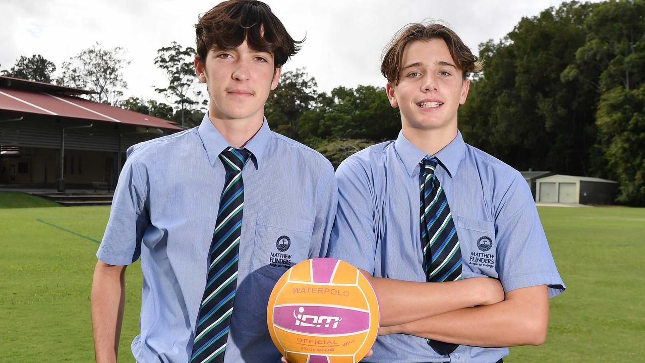 Sport star athletes at Matthew Flinders Anglican College. Water Polo: Aaden Staskiewicz and Henry Simpson. Picture: Patrick Woods.