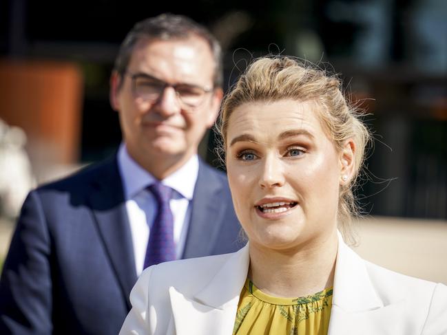 SA Premier Steven Marshall , SA Deputy CHO Dr Emily Kirkpatrick. Picture: Mike Burton