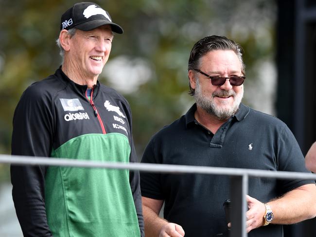 Actor and South Sydney co-owner Russell Crowe with coach Wayne Bennett.