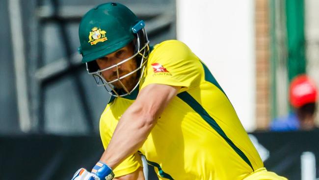 Aaron Finch hits out for Australia in T20 action. Picture: AFP