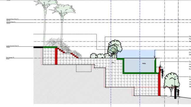 A plan outlining the current yard heights (shown in light grey) and the proposal levelling works.