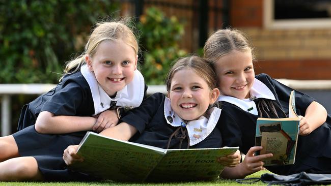 Year 4 students (L-R) Lucia Bailey, Ariella Meehan and Lottie Bruderlin attend St Aidan’s Anglican Girls’ School in Brisbane, where they can study coding and robotics from the first year of school. Picture: Lyndon Mechielsen