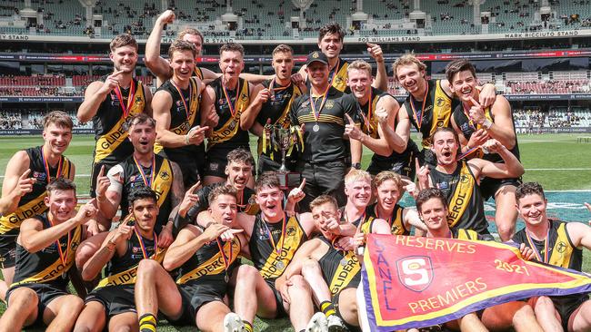 The victorious Glenelg reserves team after the final siren. Picture: Sarah Reed