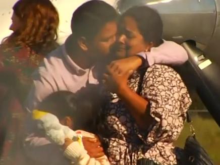 Priya and Nades Murugappan and their daughters Kopika and Tharnicaa arrive back at Thangool Aerodrome on June 10, 2022, near Biloela, Queensland. Picture: ABC News