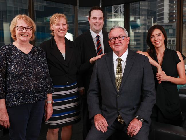 Health Minister Brad Hazzard with his team on Monday: Executive Assistant Ellie Pittorino, Chief of staff Leonie Lamont, Deputy Chief of Staff Ed Clapin, and policy director Jasmine Tackman. Picture: Justin Lloyd