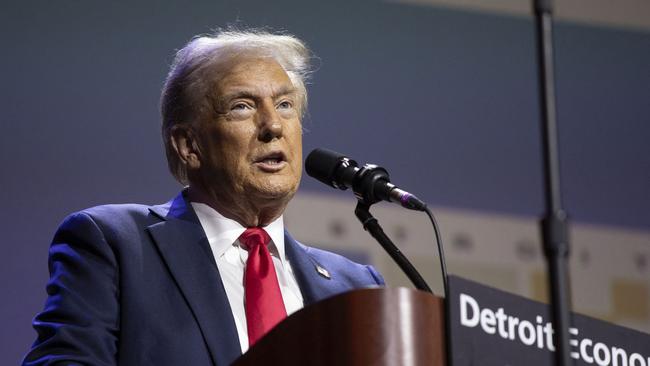 DETROIT, MICHIGAN - OCTOBER 10: Republican presidential nominee, former U.S. President Donald Trump, speaks at the Detroit Economic Club on October 10, 2024 in Detroit, Michigan. Trump is campaigning in Michigan, a key battleground state, ahead of the upcoming presidential election.   Bill Pugliano/Getty Images/AFP (Photo by BILL PUGLIANO / GETTY IMAGES NORTH AMERICA / Getty Images via AFP)