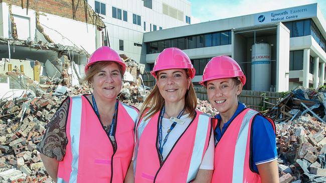 Redevelopment manager Karyn Bone, Epworth Eastern executive director Louise O'Connor and nurse unit manager Jasmine Kumar celebrate the start of the expansion. Picture: Ian Currie