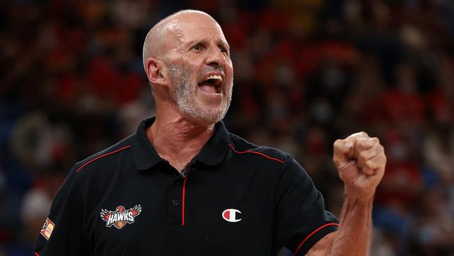 PERTH, AUSTRALIA - APRIL 22: Brian Goorjian, coach of the Hawks  looks on during the round 21 NBL match between the Perth Wildcats and Illawarra Hawks at RAC Arena on April 22, 2022, in Perth, Australia. (Photo by Paul Kane/Getty Images)