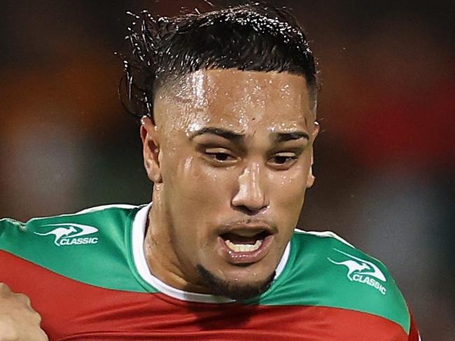 SYDNEY, AUSTRALIA - MAY 18: Keaon Koloamatangi of the Rabbitohs is tackled during the round eleven NRL match between Wests Tigers and Rabbitohs at Campbelltown Sports Stadium, on May 18, 2025, in Sydney, Australia. (Photo by Cameron Spencer/Getty Images)