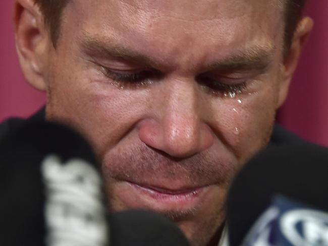 Australian cricketer David Warner was in tears as he apologised for his part in the scandal. Picture: AFP/Peter Parks