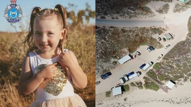 Forensic police officers have returned to the campsite (right) where four-year-old Cleo Smith (left) vanished almost two weeks ago. Picture: WA Police