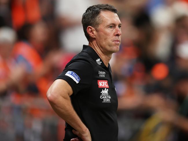 SYDNEY, AUSTRALIA - MARCH 09:  Magpies head coach Craig McRae looks dejected after the final siren during the AFL Opening Round match between Greater Western Sydney Giants and Collingwood Magpies at ENGIE Stadium, on March 09, 2024, in Sydney, Australia. (Photo by Matt King/AFL Photos/via Getty Images )